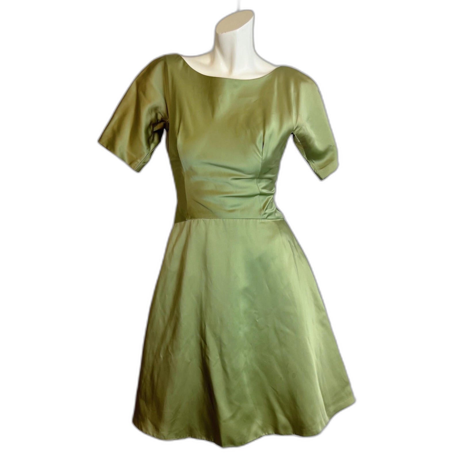 Vintage 1960s Green A Line Dress Bow Back Satin Knee Length Women's Size 11