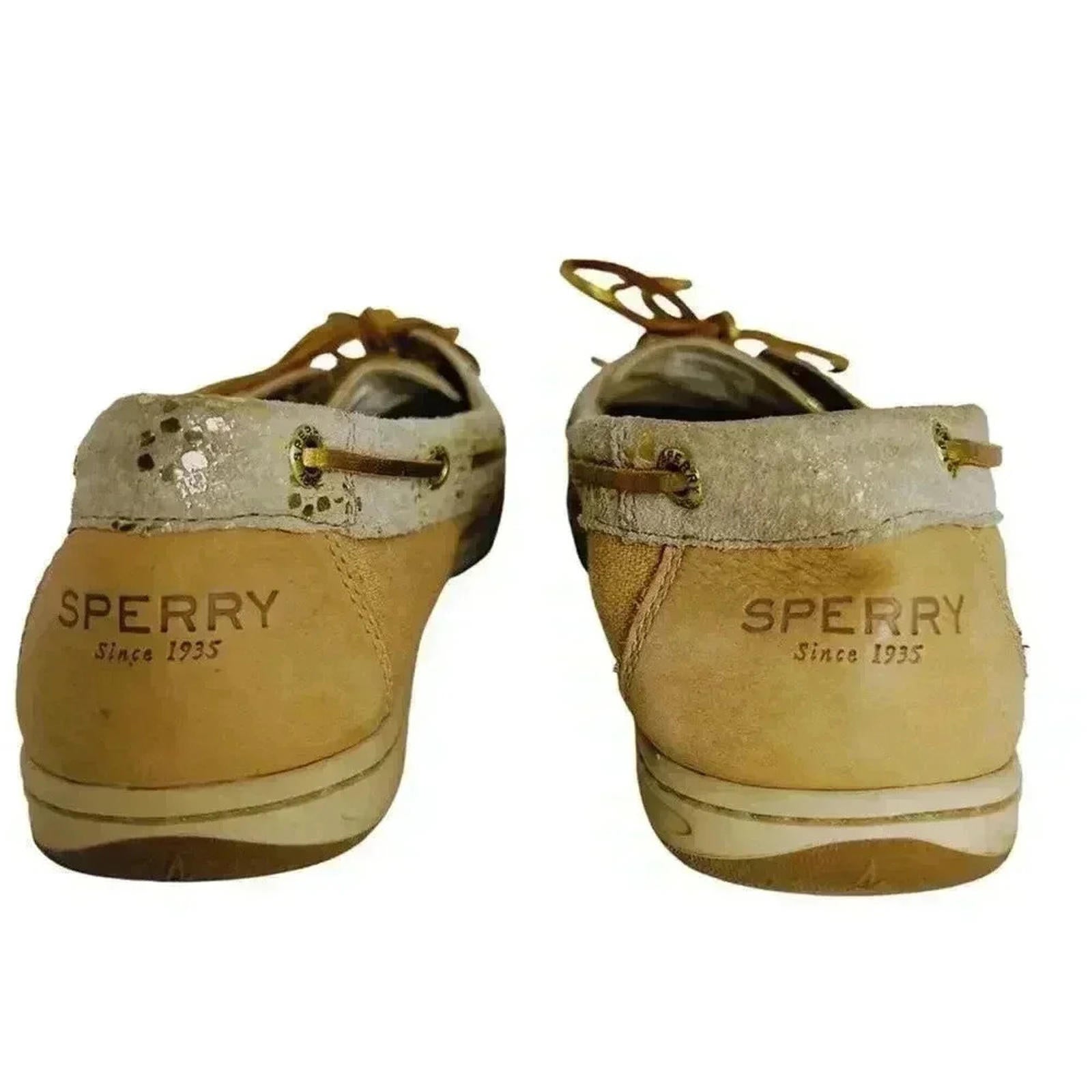 Sperry Top-Sider Tan Leather Boat Shoes Gold Details Preppy Old Money Size 9.5