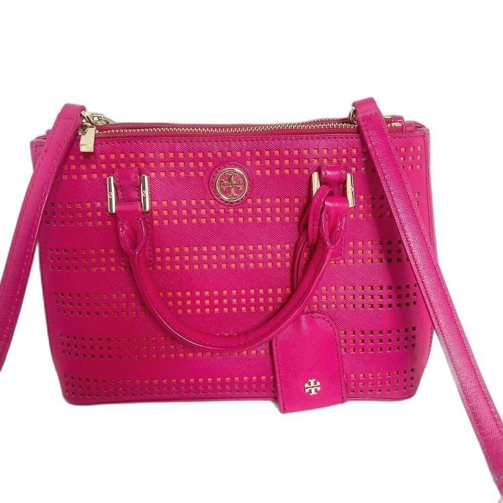 Tory Burch Robinson Fuchsia Double Zip Perforated Handbag Pink Leather Purse
