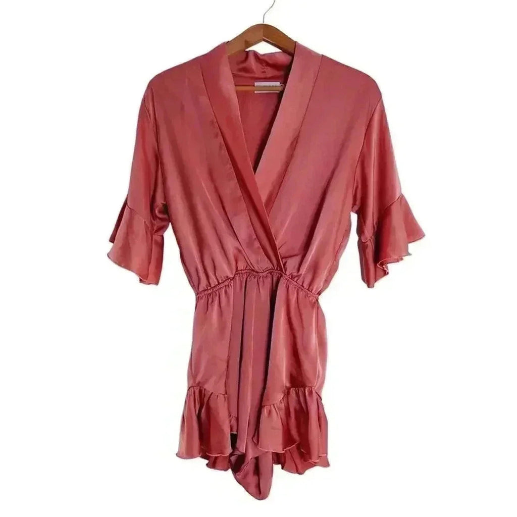 Lioness Rose Pink Satin Romper Plunging Neck Ruffled Hem Women's Size M