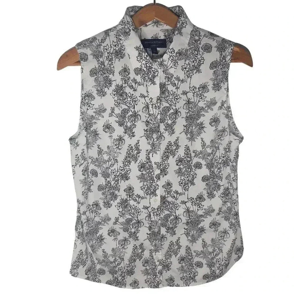 Banana Republic Black and White Floral Print Blouse Tank Business Casual Size 14