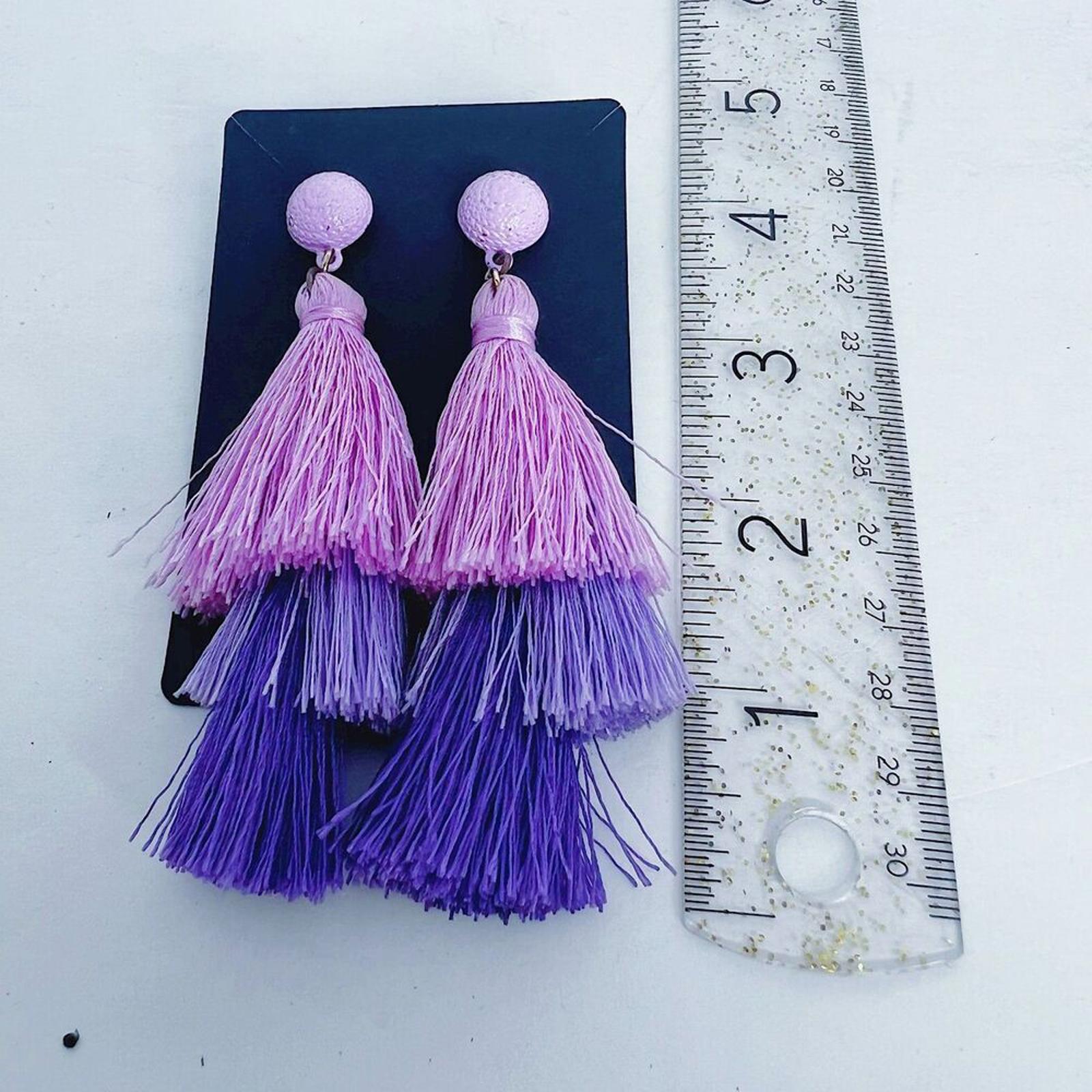 Pink Purple Layered Tassel Statement Earrings Boho Chic