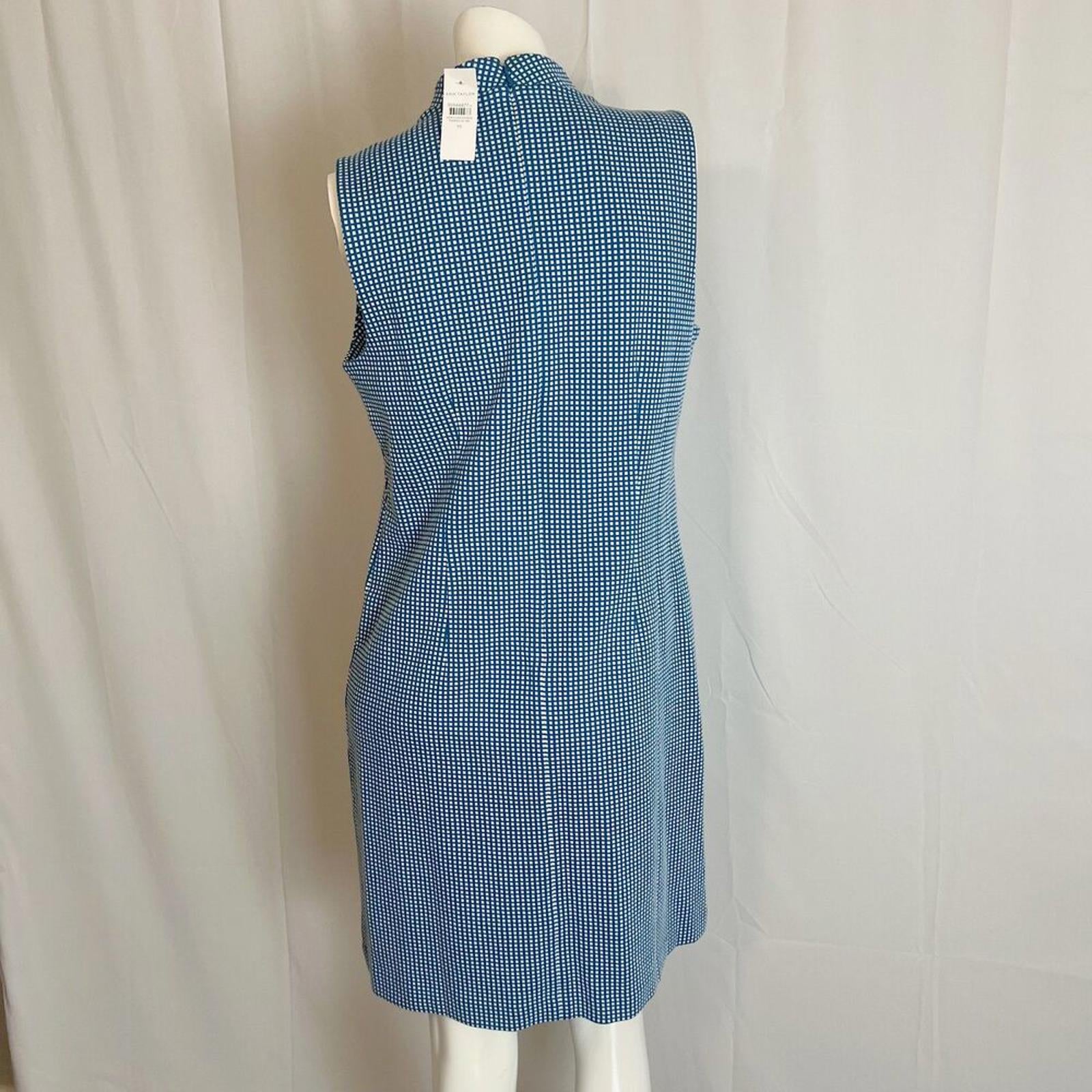 NWT Ann Taylor Geo Mock Neck Sleeveless Shift Dress Santorini Blue Mod Size M