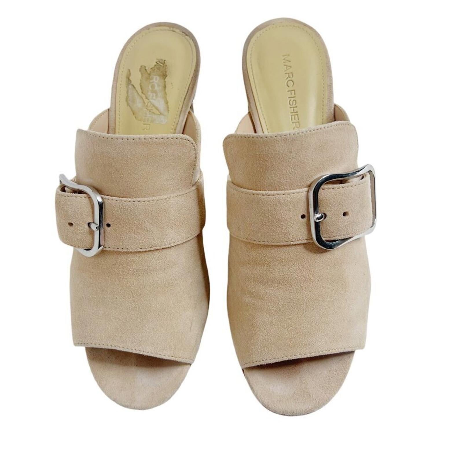 Marc Fisher Rima Tan Blush Suede Sandal Silver Block Heel Mule Slides Size 8