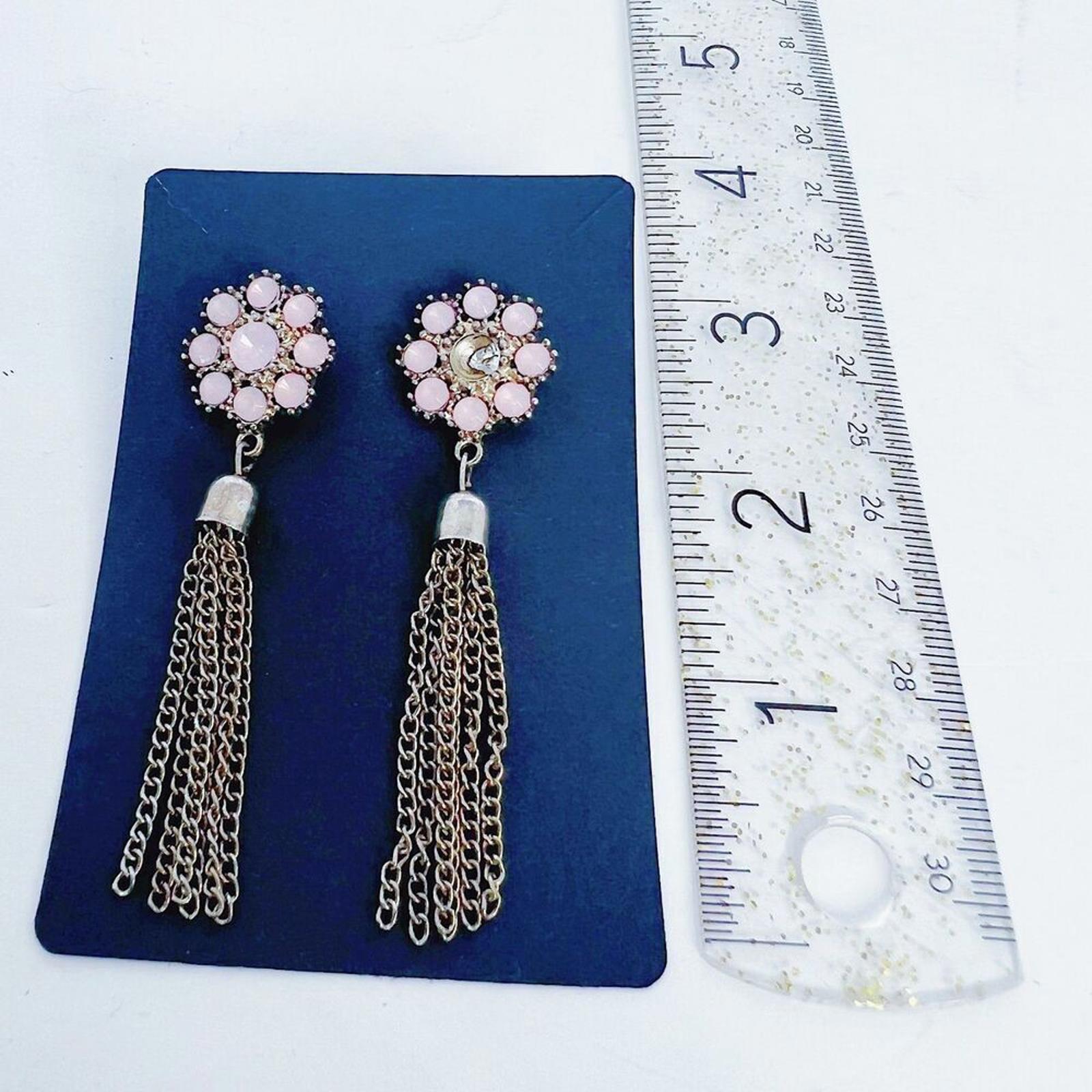 Pink Flower Earrings Gold Tassel Dangling Boho Chic