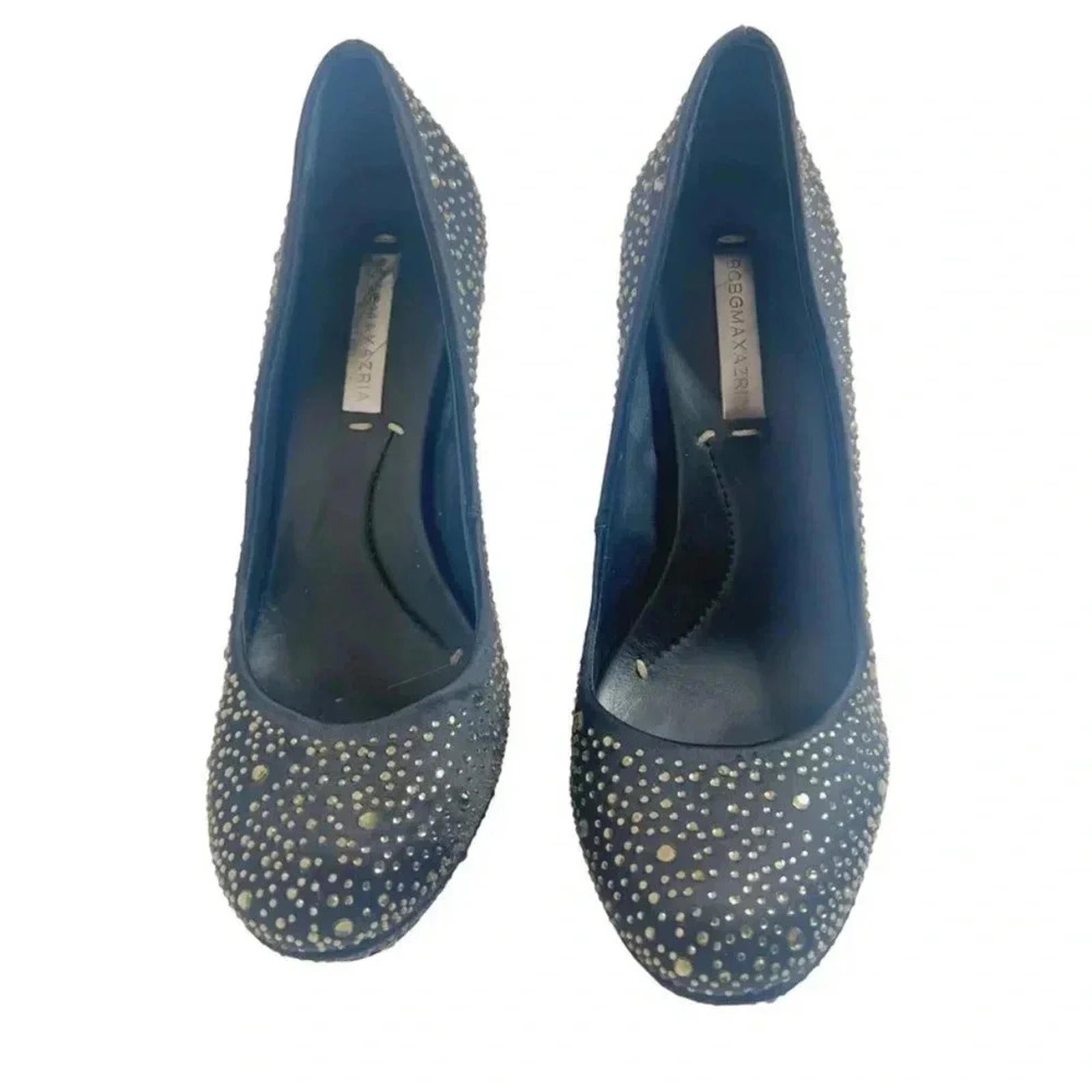 BCBG Maxazria Navy Blue Satin Gold Rhinestone Pumps Stilettos Size 8.5