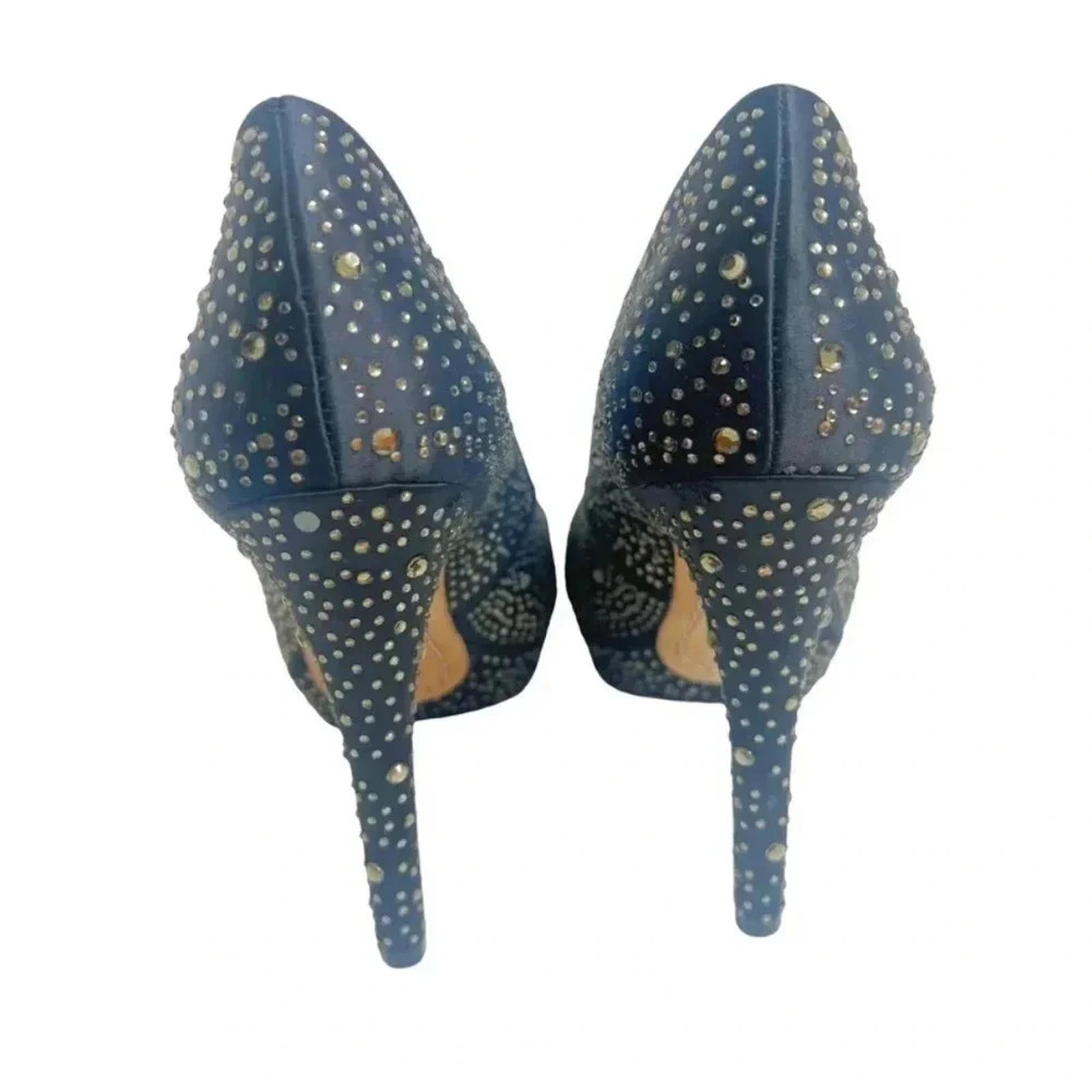 BCBG Maxazria Navy Blue Satin Gold Rhinestone Pumps Stilettos Size 8.5