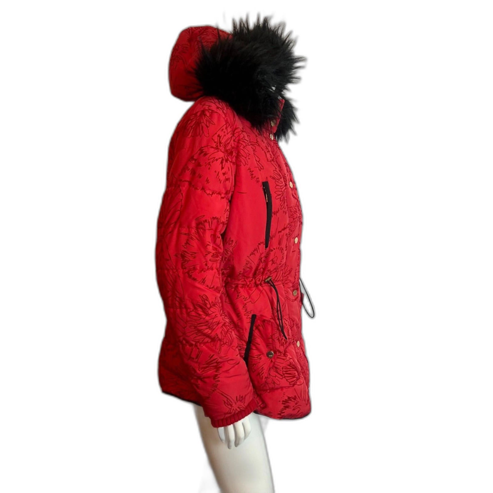 Desigual Women's Coat Marlene Borgona Red Faux Fur Hood Puffer Jacket Size 8 US