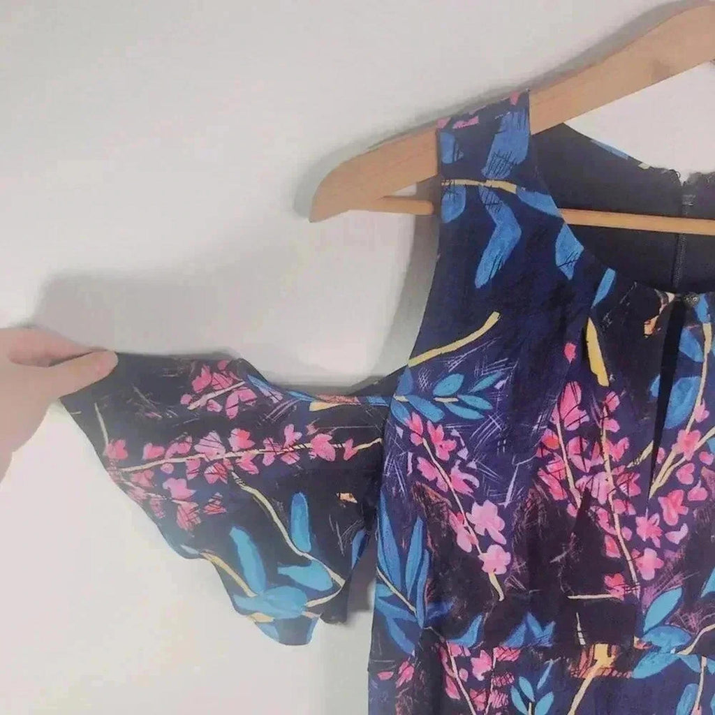 Anthropologie Maeve Cold Shouldered Navy Blue Pink Floral Dress Women's Size 6
