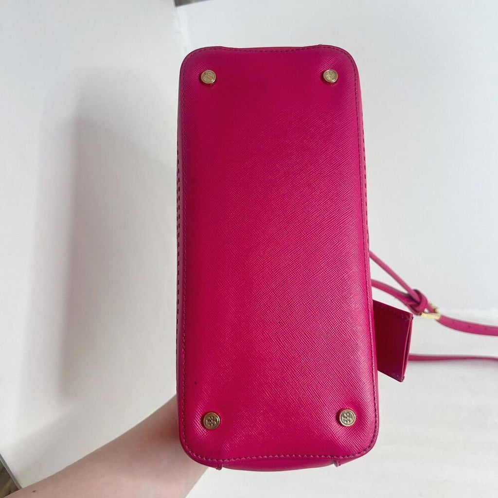 Tory Burch Robinson Fuchsia Double Zip Perforated Handbag Pink Leather Purse