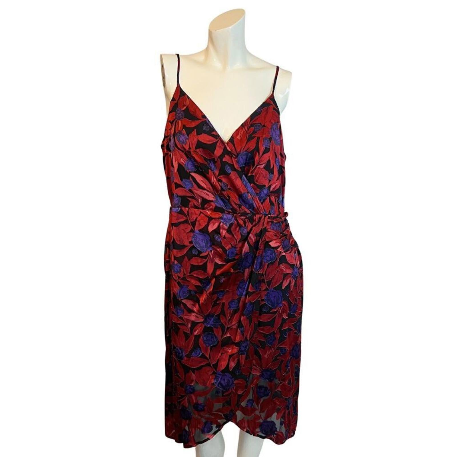 Worthington Red Purple Floral Faux Wrap Midi Dress Women's Size L