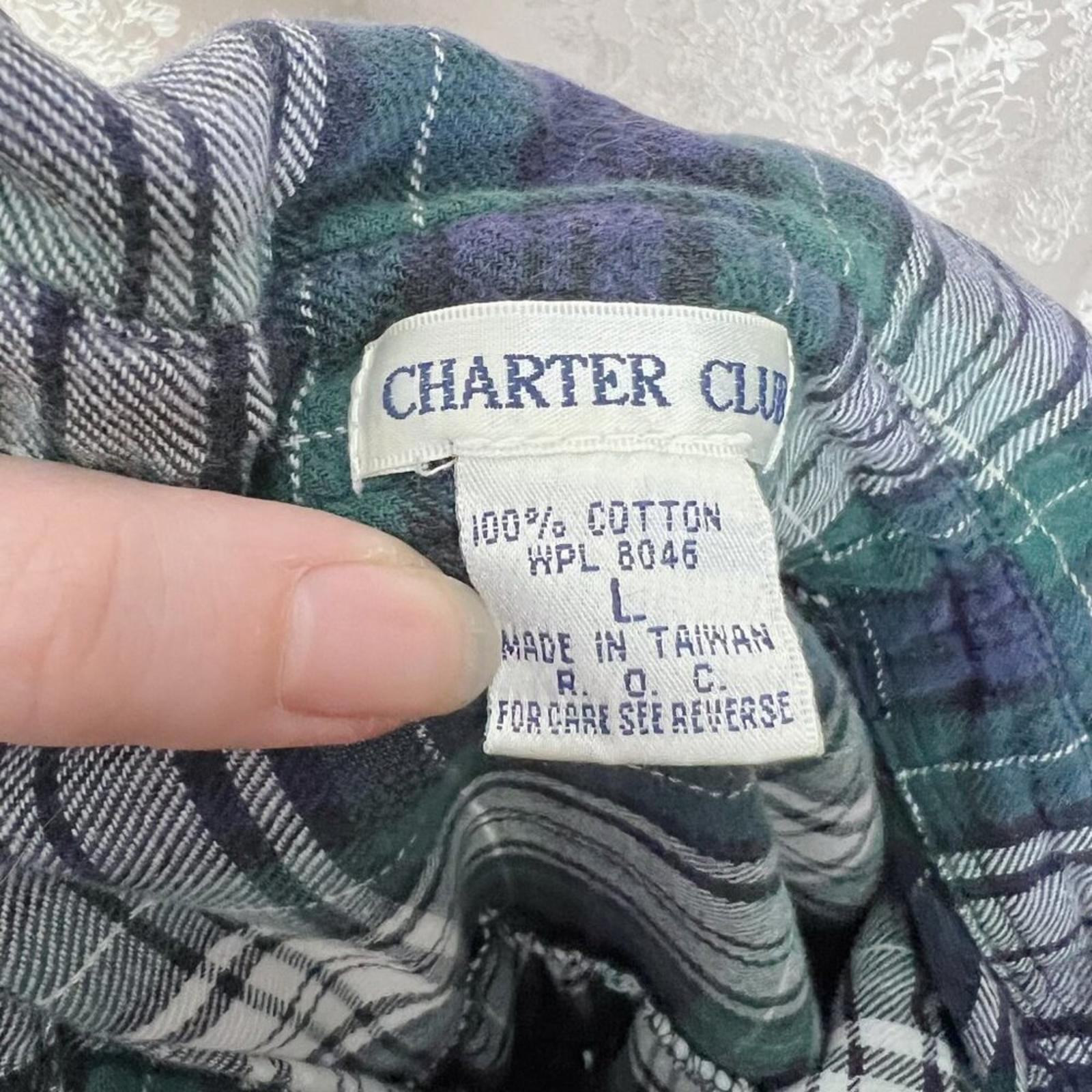 Vintage Charter Club Green Blue White Plaid Flannel Size L