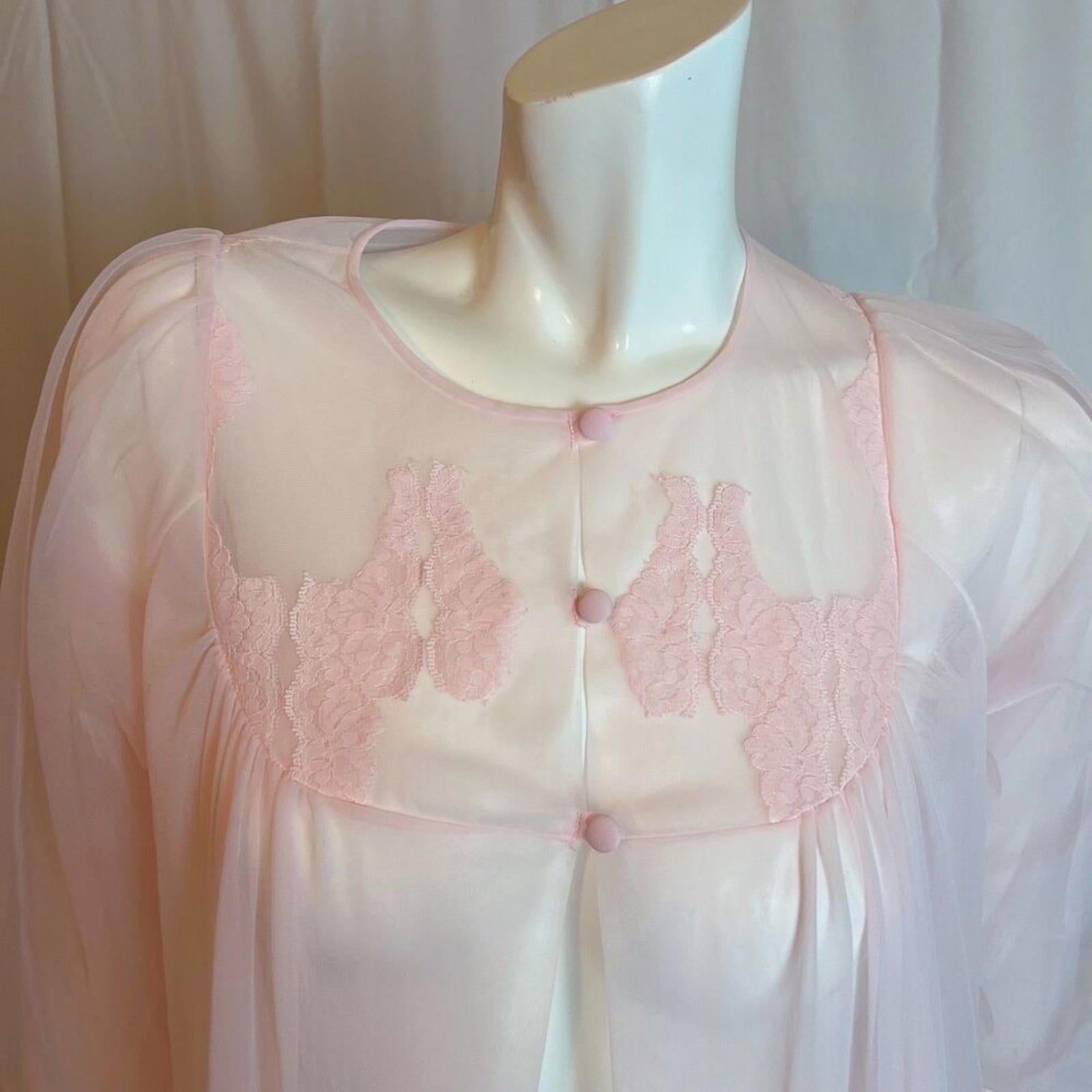Vintage 1970s Sheer Pink Chiffon Night Gown Lace Details Coquette Size M