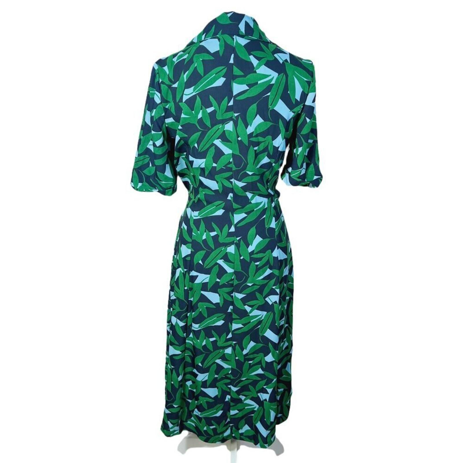 Walter Baker Valencia Dress in Green Short Sleeve Button Up Leaf Print Size M