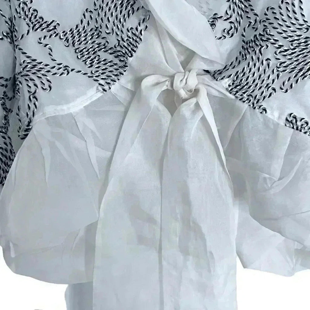 Samuel Dong Silk Black and White Embroidered Abstract Design Blouse Size M