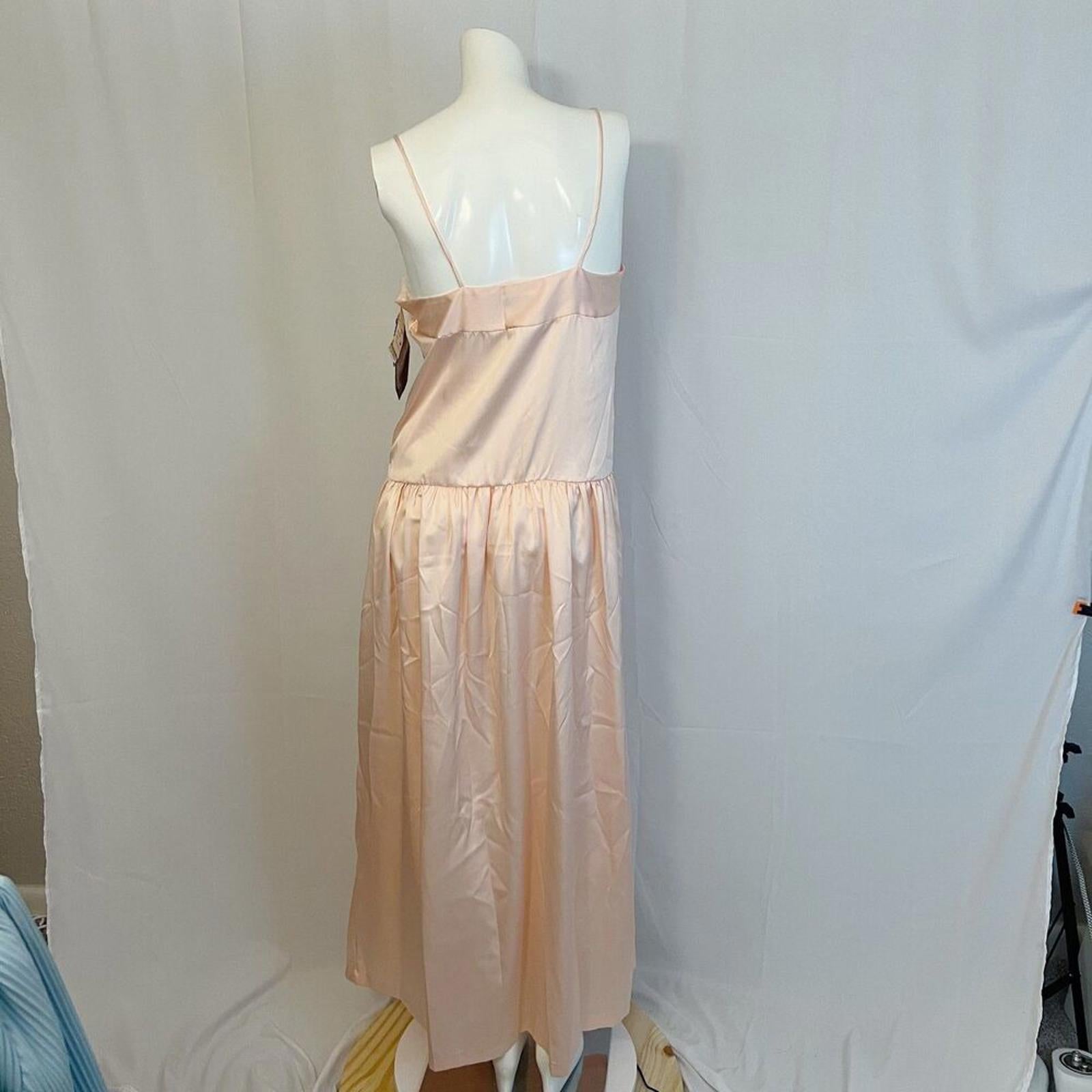 NWT 1970s Vintage Lily of France Light Pink Lace Satin Dress Gown Size S