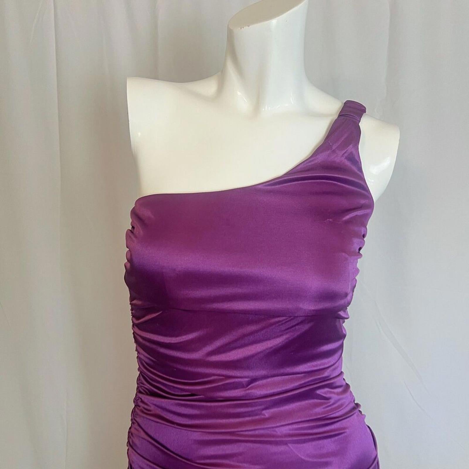 y2k Vintage Poly USA Shiny Purple Ruched Asymmetrical Bodycon Dress Size S