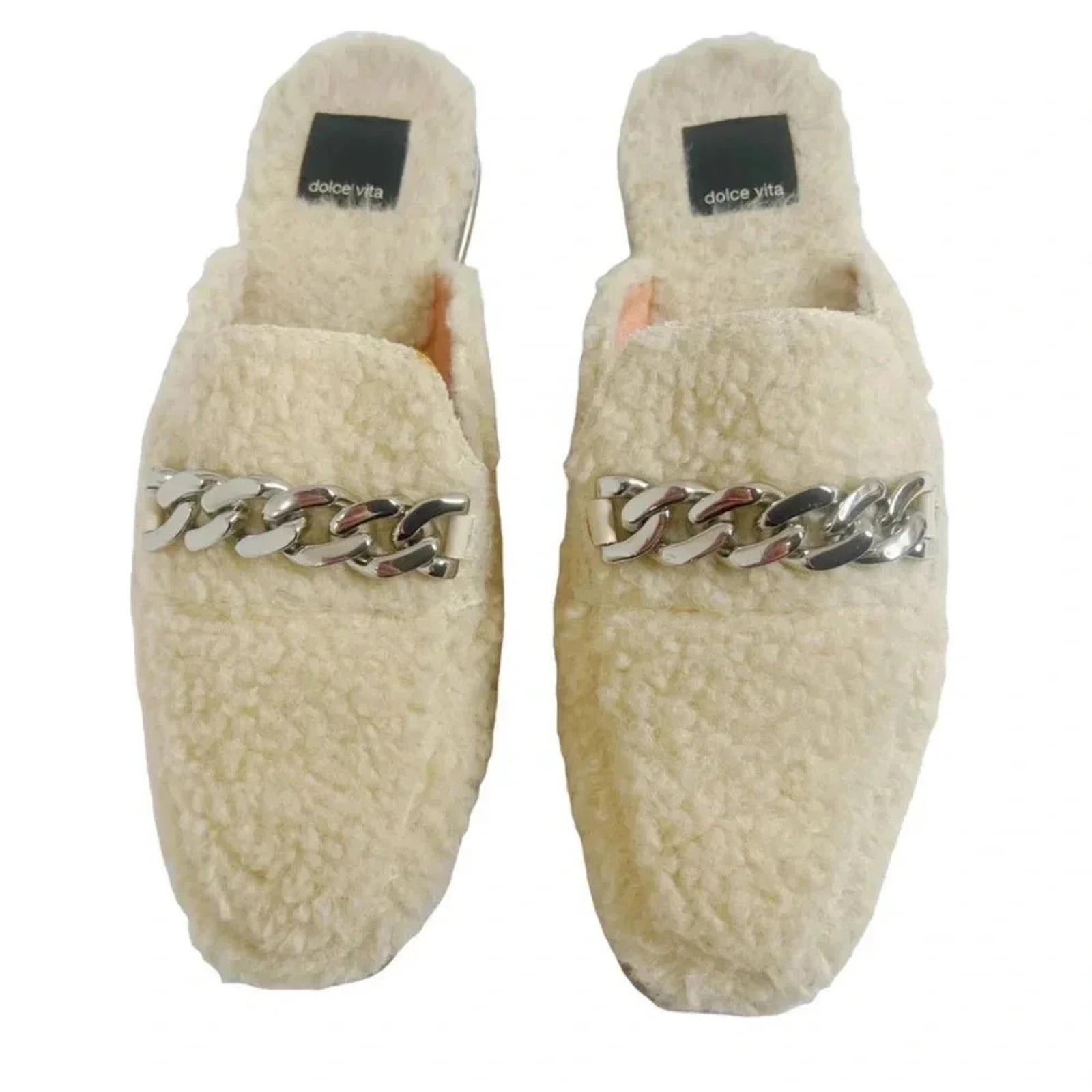Dolce Vita Pela Cream Sherpa Mule Flat Silver Chain Women's Size 8