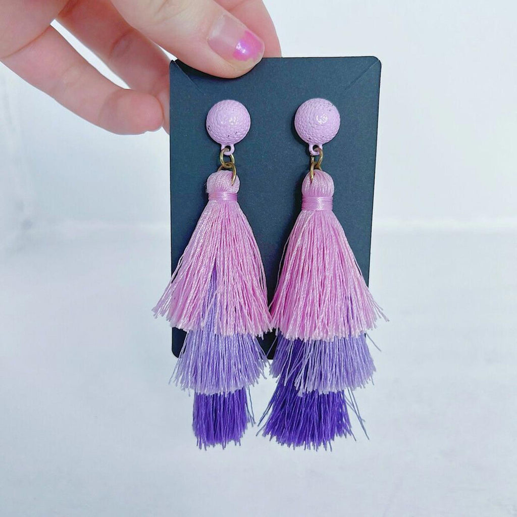 Pink Purple Layered Tassel Statement Earrings Boho Chic