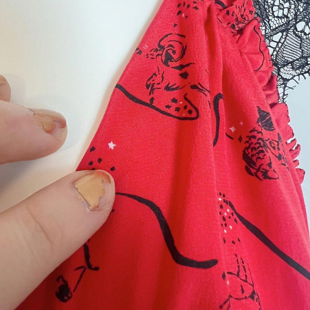 Tanya Taylor Silk Zodiac Print Kara Midi Dress Red Black Lace Cap Sleeves Size 8