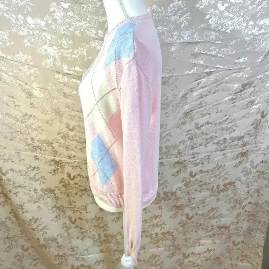 Brandy Melville John Galt Pink Blue Argyle Sweater Preppy Women's Size M