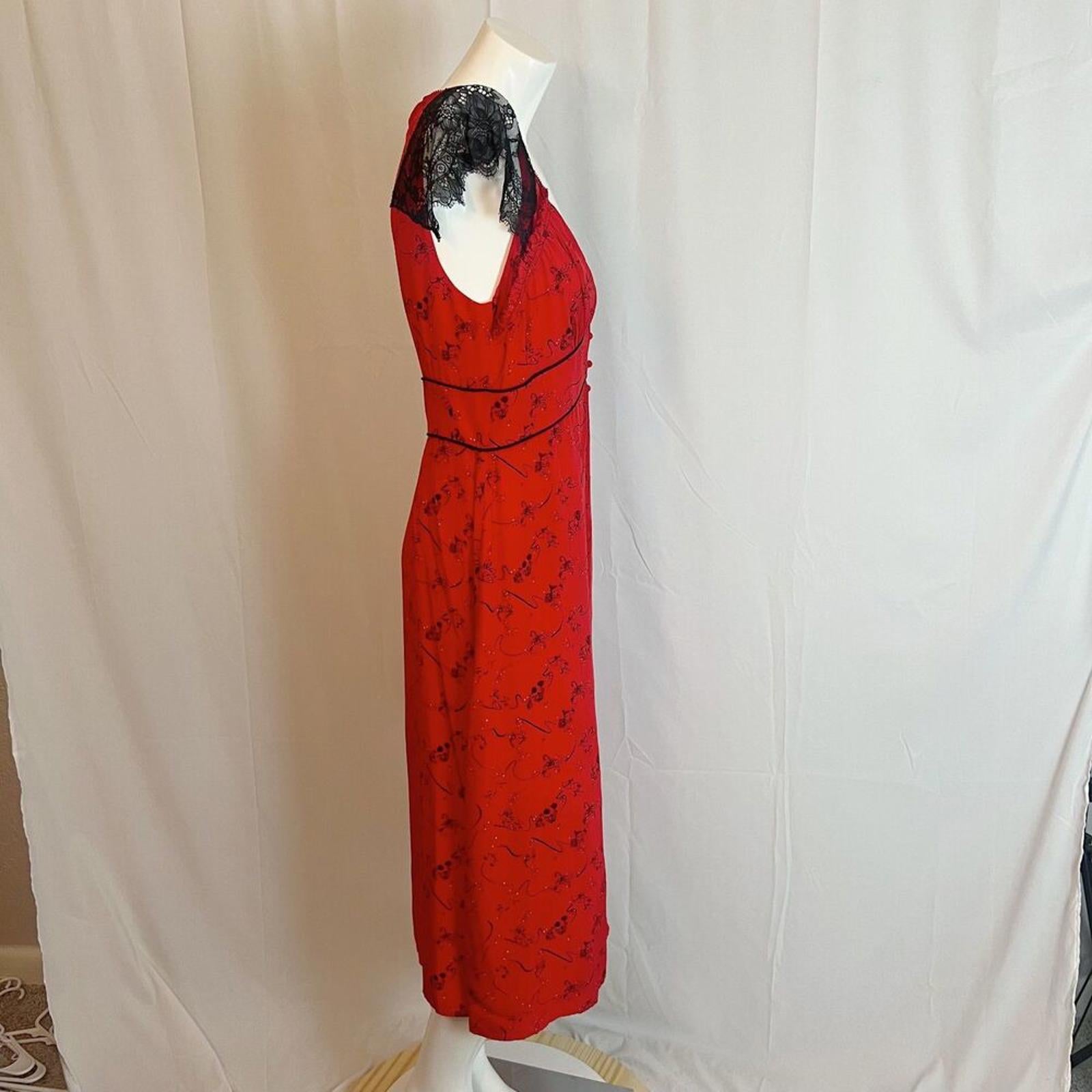 Tanya Taylor Silk Zodiac Print Kara Midi Dress Red Black Lace Cap Sleeves Size 8
