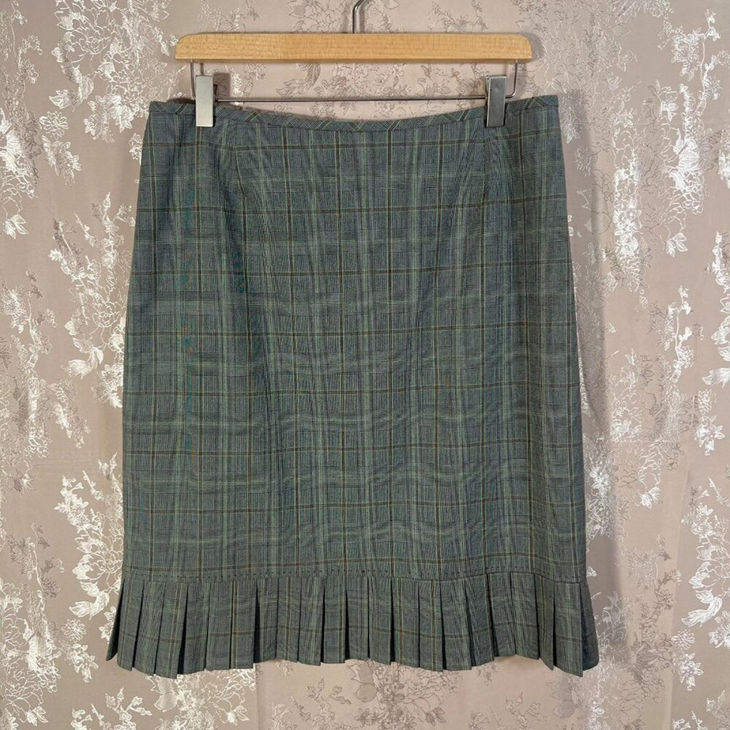 y2k Tahari Vintage Grey Green Plaid Pencil Skirt Pleated Office Siren Size 12
