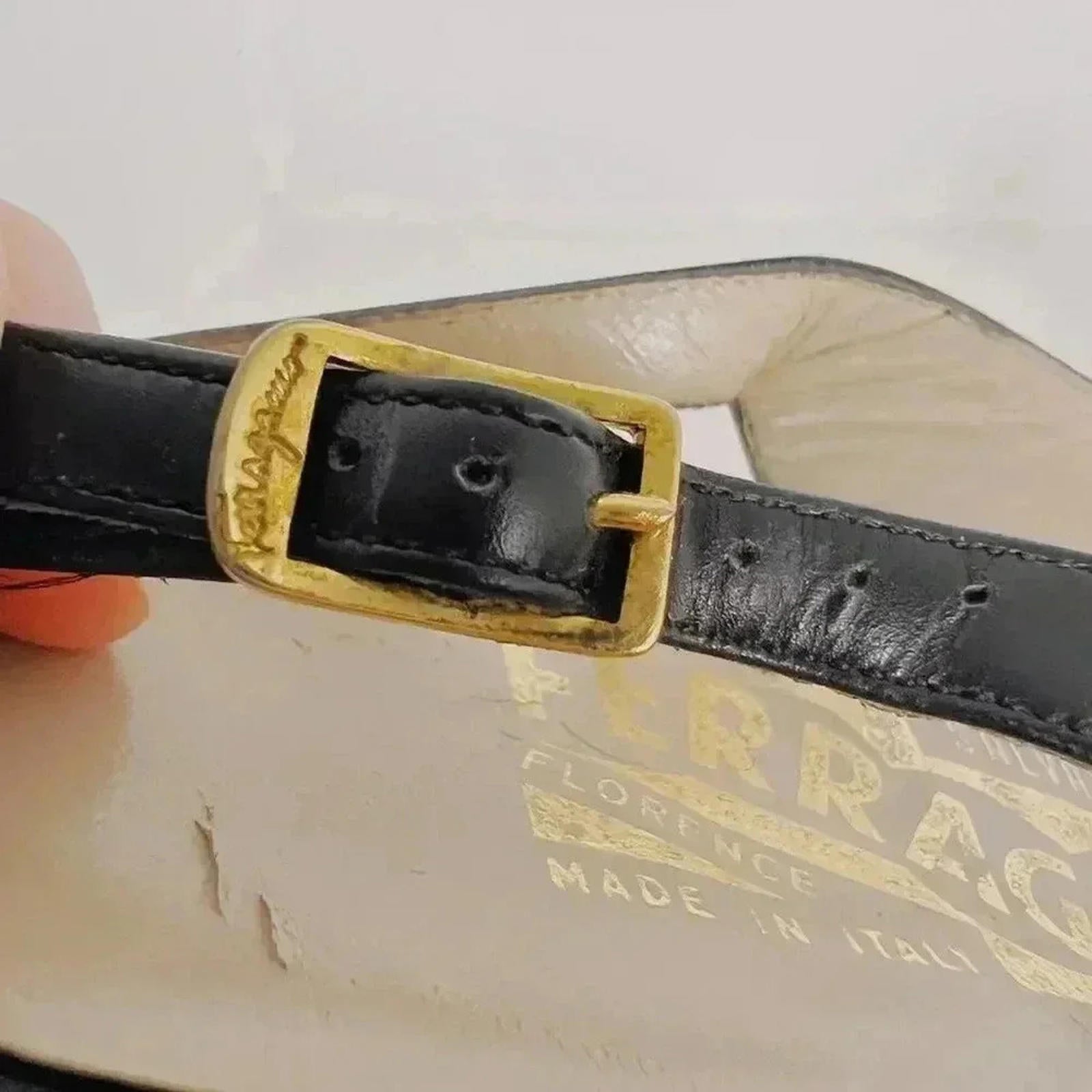 Ferragamo Vintage Leather Slingback Peep Toe Heels Gold Emblem Women's Size 6.5