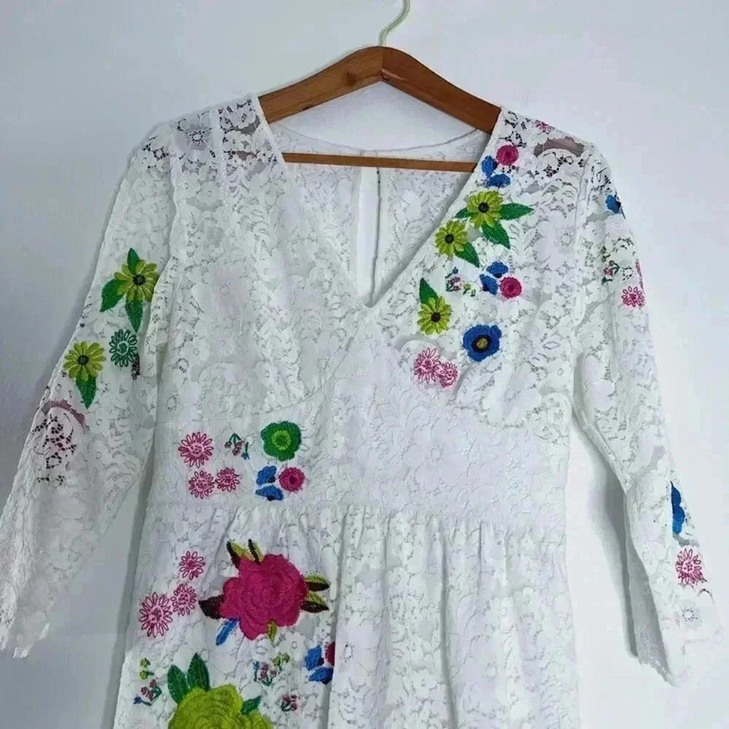 Anthropologie Tracy Reese White Lace Floral Embroidered Dress Women's Size 8