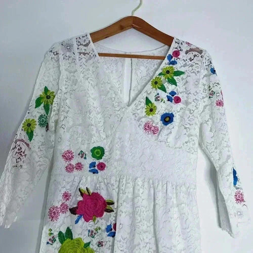 Anthropologie Tracy Reese White Lace Floral Embroidered Dress Women's Size 8