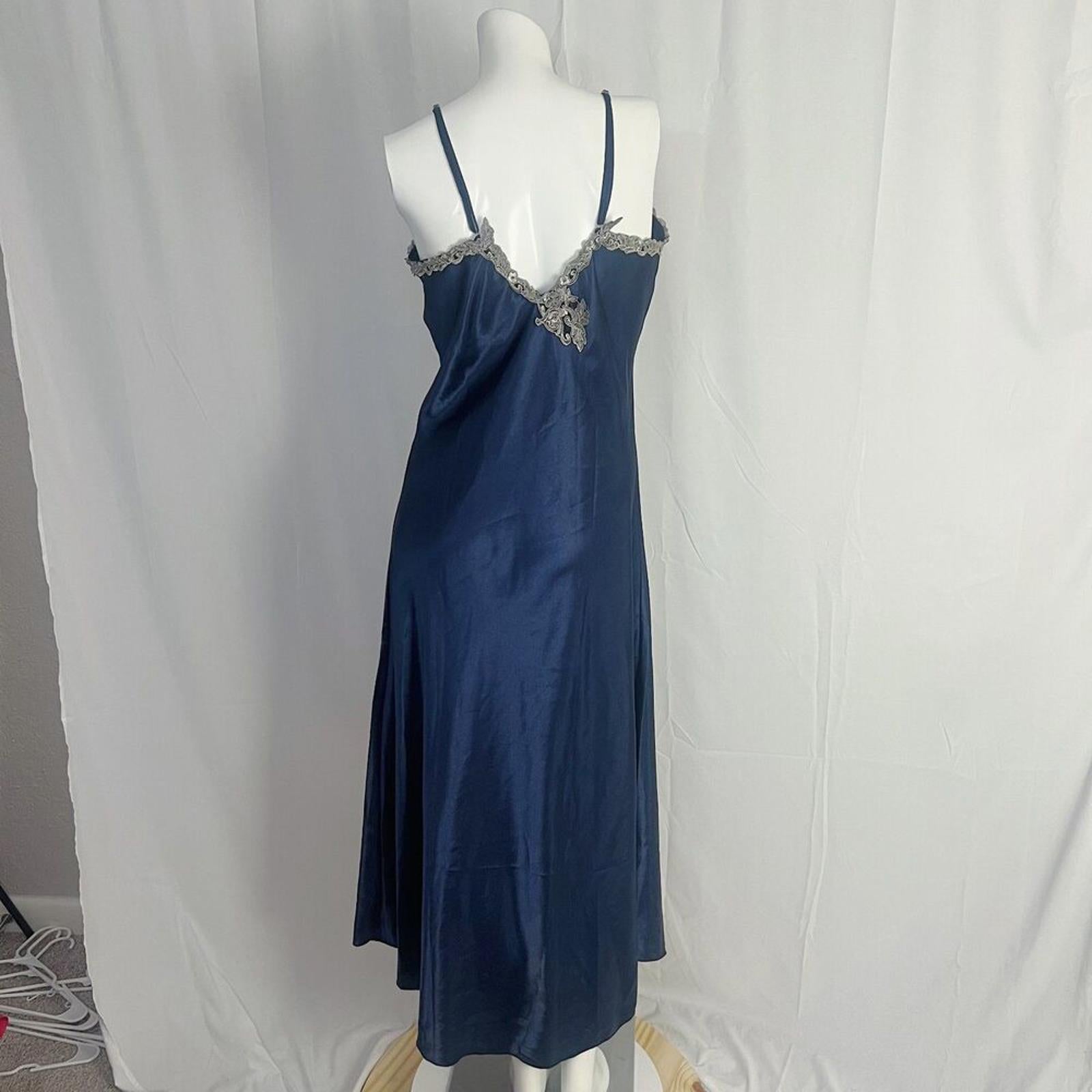 Navy Blue Satin Slip Dress Maxi Dress Silver Lace Women's Size L
