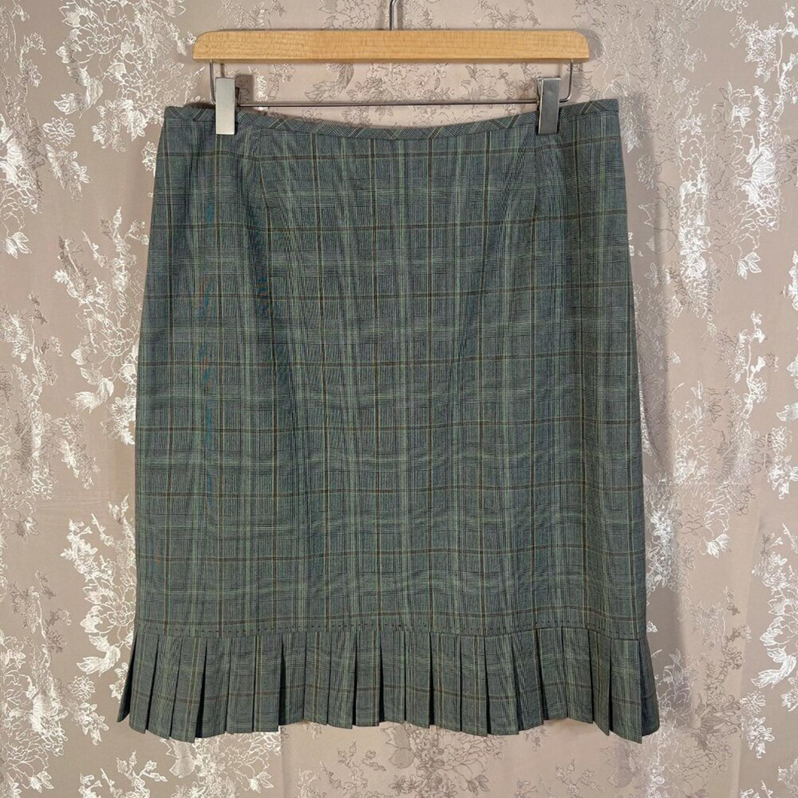 y2k Tahari Vintage Grey Green Plaid Pencil Skirt Pleated Office Siren Size 12