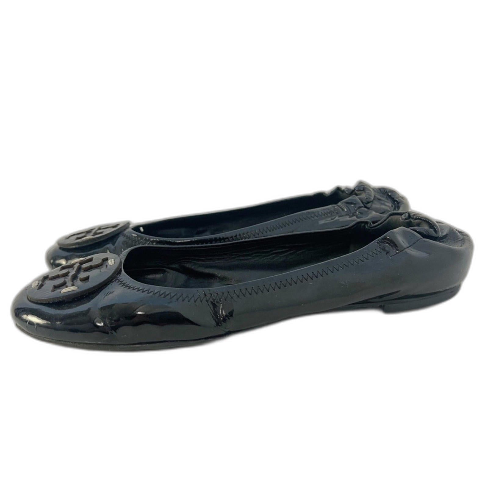 Tory Burch Reva Travel Black Patent Leather Ballet Flats Leather Emblem Size 9