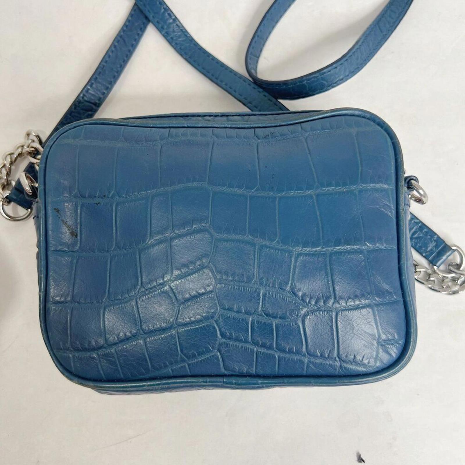 Michael Kors Blue Crocodile Embossed Leather Silver Chain Crossbody Bag Purse