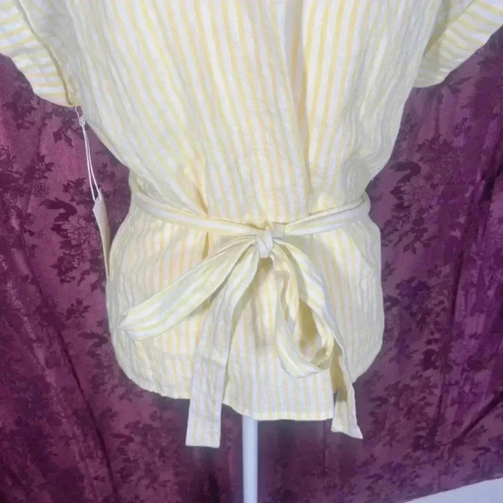 NWT Frame Yellow Striped Linen Wrap Top Women's Size M Summer Beach