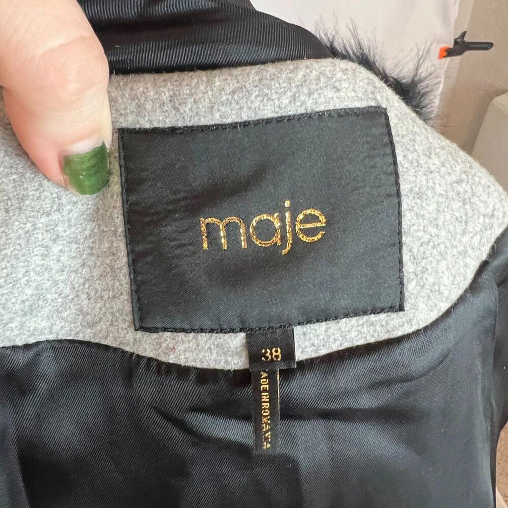 Maje Greli Fur Trimmed Coat Grey Wool Jacket Black Fur Size 38 EU M US