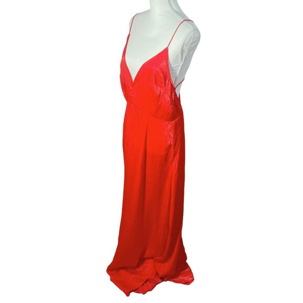 Pretty Little Thing PLT Red Satin V Neck Long Maxi Dress Backless Formal Size 10