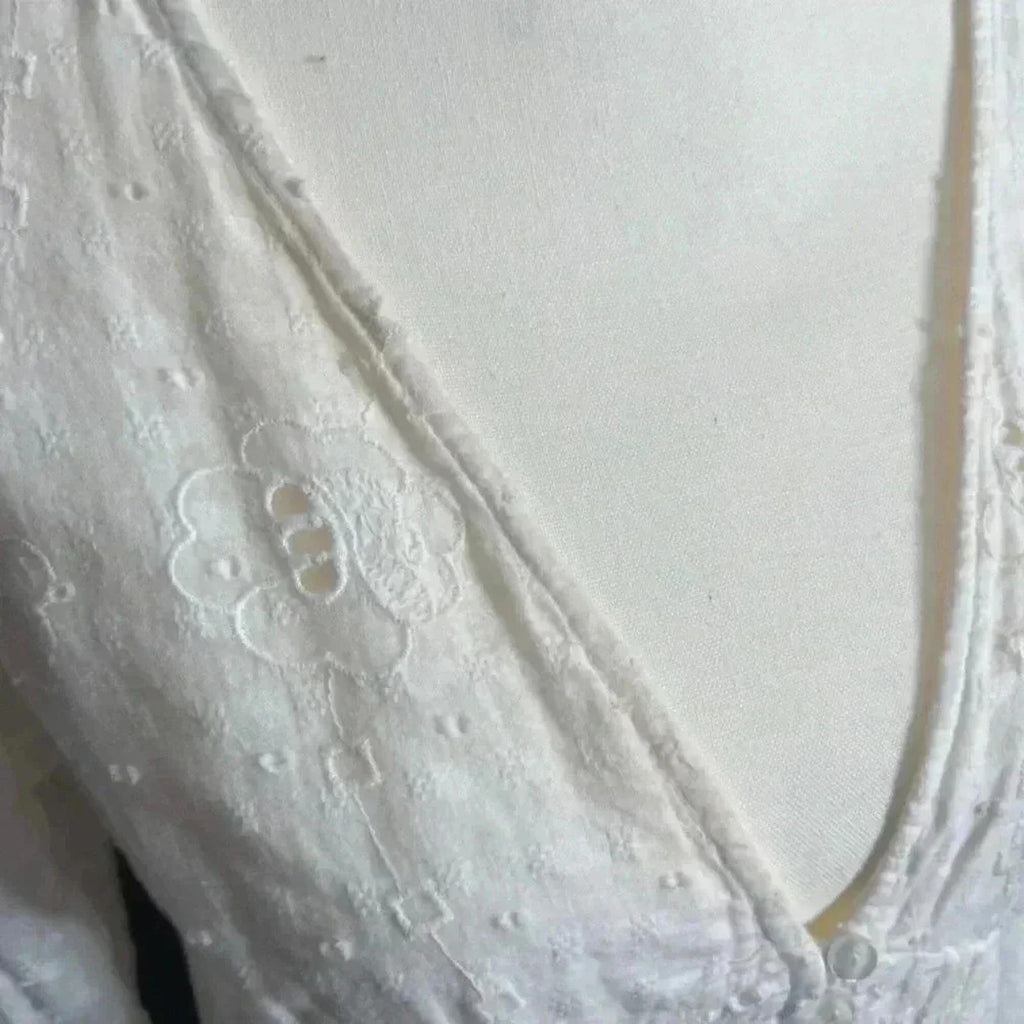 Zara White Eyelet Dress Button Up Embroidered Women's Size M