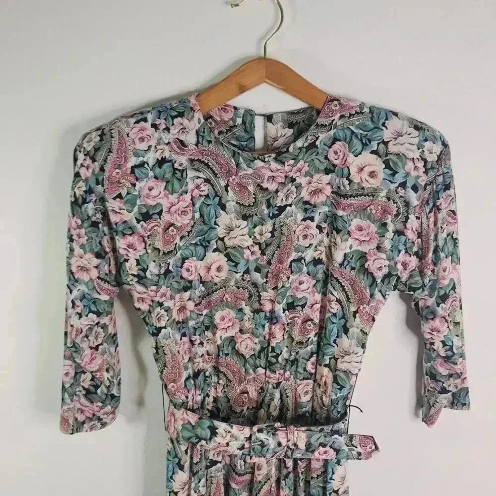 Vintage 80s E. D. Michaels Floral Dress With Belt Women's Size 3 4 Petite