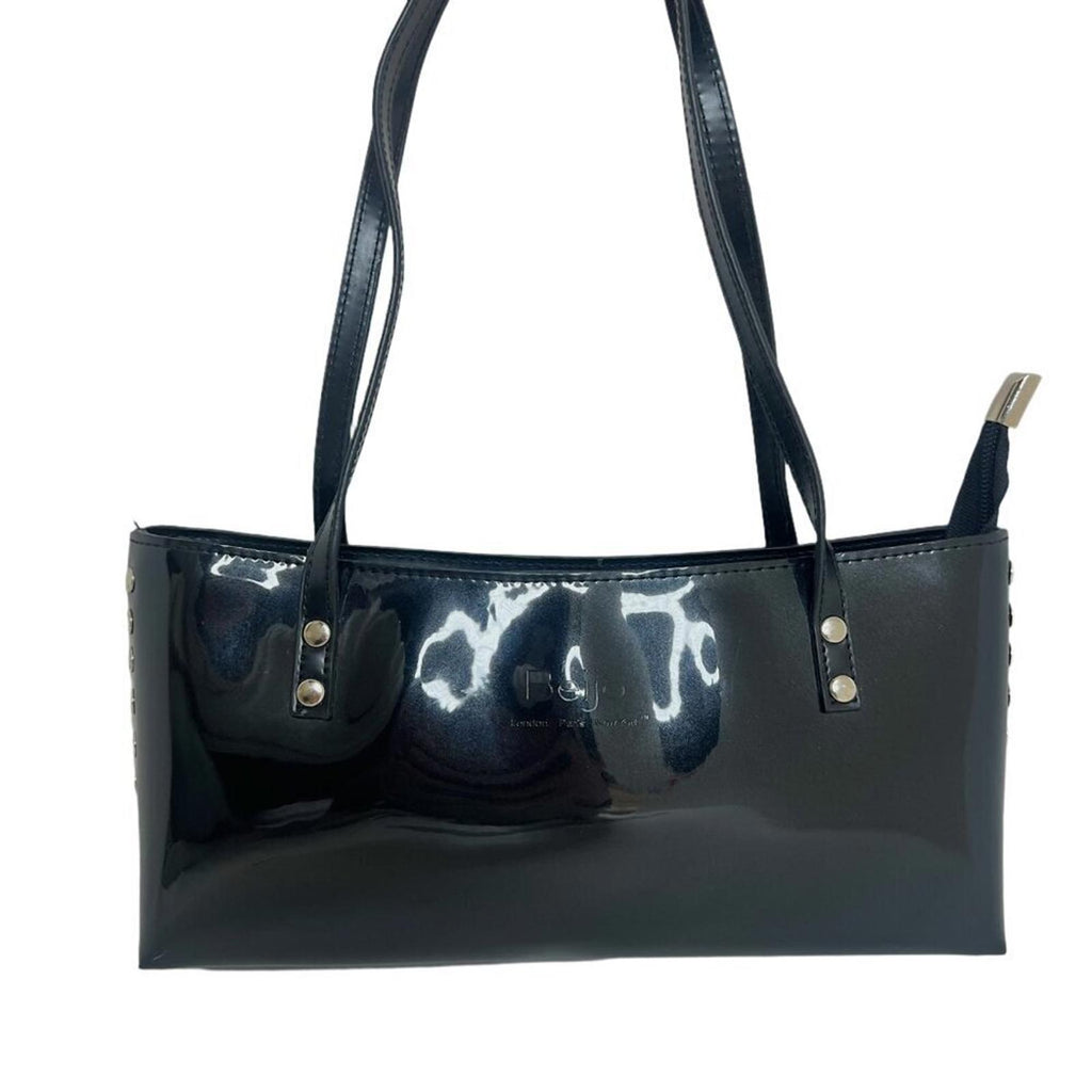 Beijo Black Patent Leather Silver Studded Purse Handbag Shoulderbag