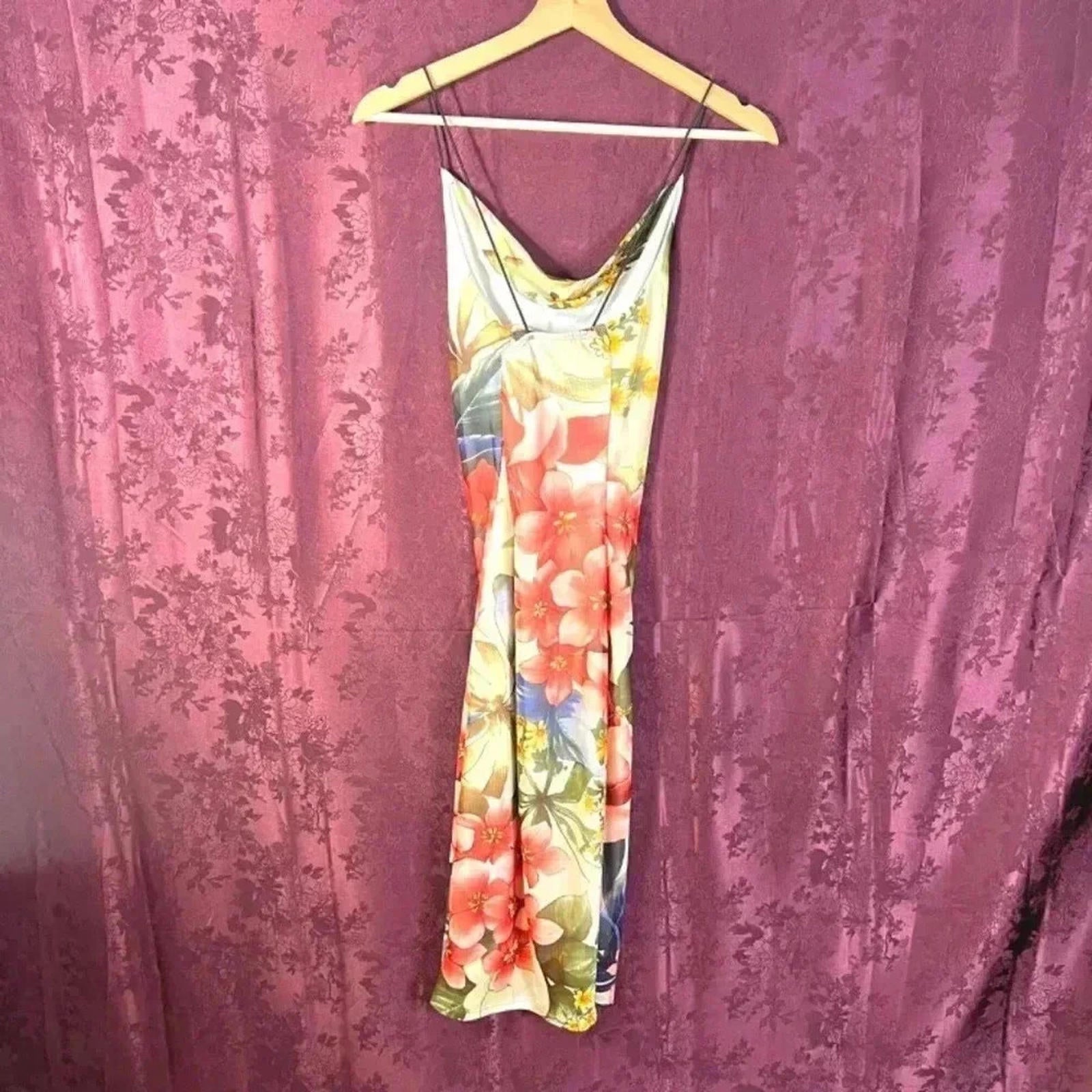 y2k Vintage A'Gaci Tropical Floral Cowl Neck Bodycon Dress Mesh Size S