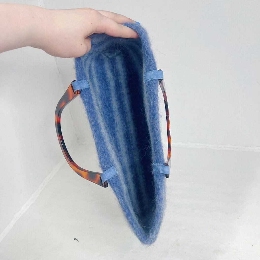 Handmade Lucite Wool Purse Blue Striped Handbag Tortoiseshell Handle y2k Felted