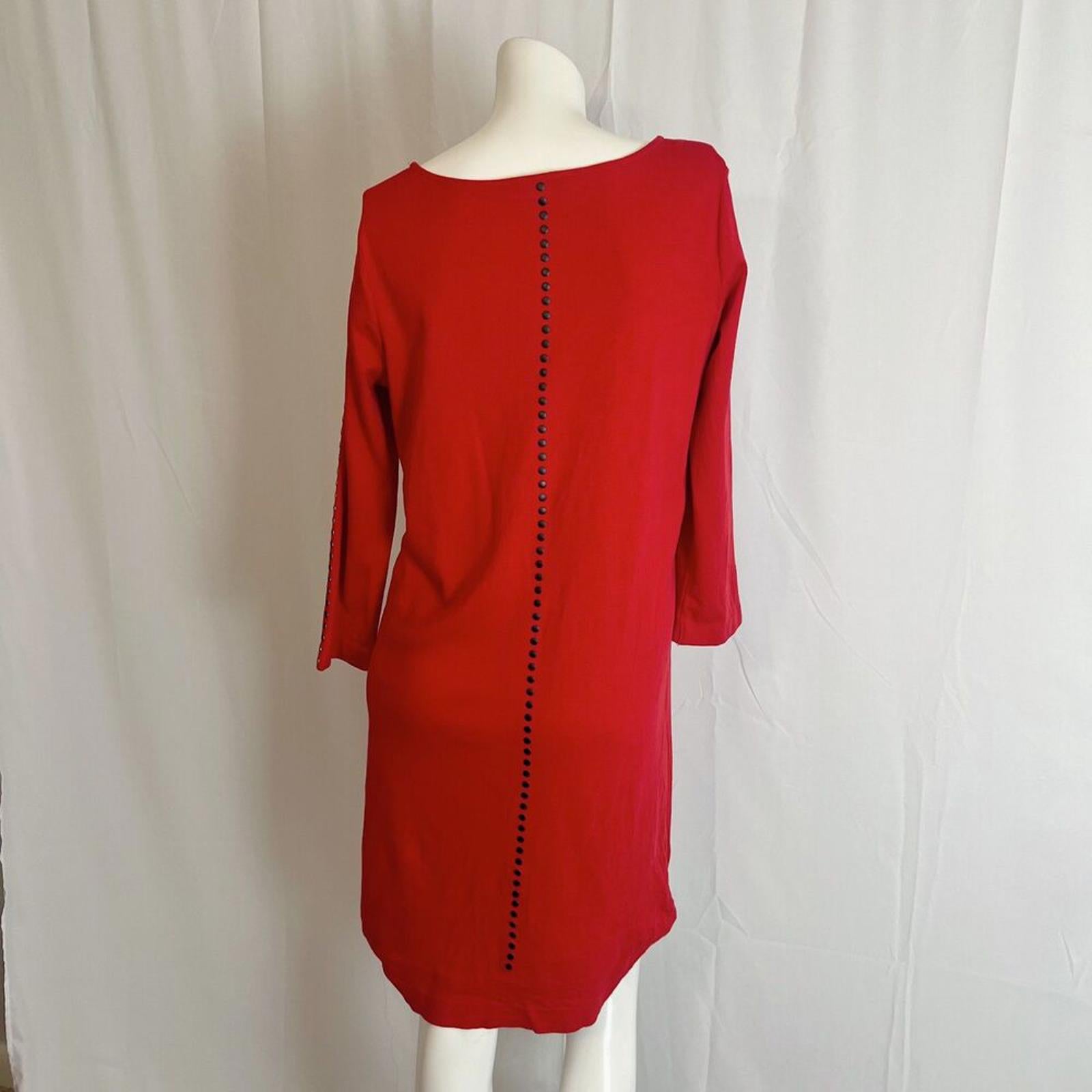 Joan Vass Red Long Sleeve Dress Black Dots Studs Women's Size 1 M