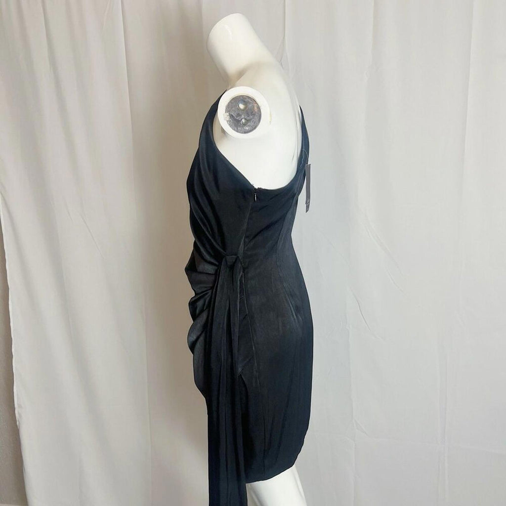 NWT Aidan Mattox Black One Shoulder Puff Sleeve Satin Dress Size 10