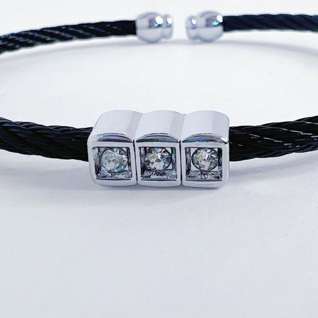 Black Cable Bracelet Braided Silver Rhinestone Charm Adjustable