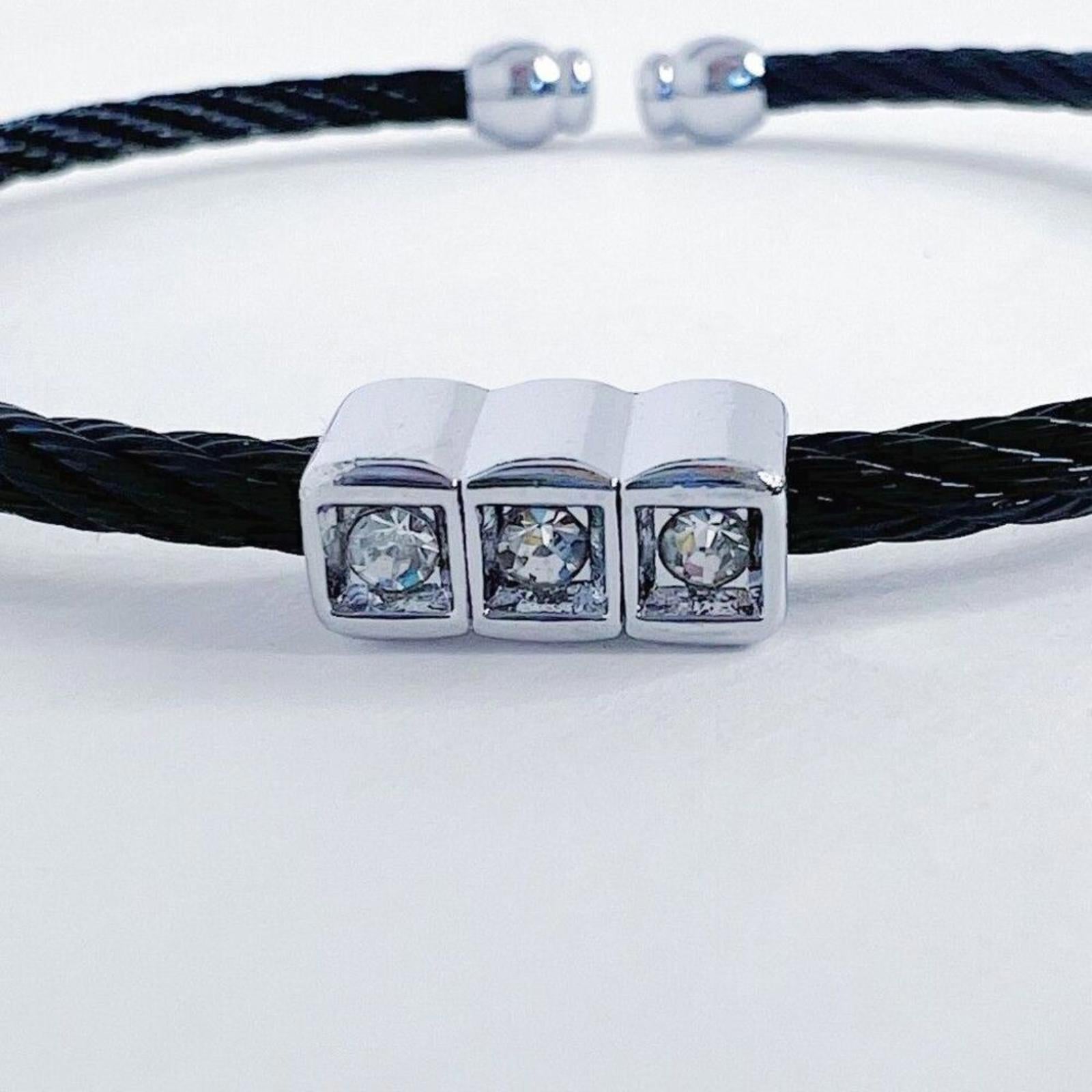 Black Cable Bracelet Braided Silver Rhinestone Charm Adjustable