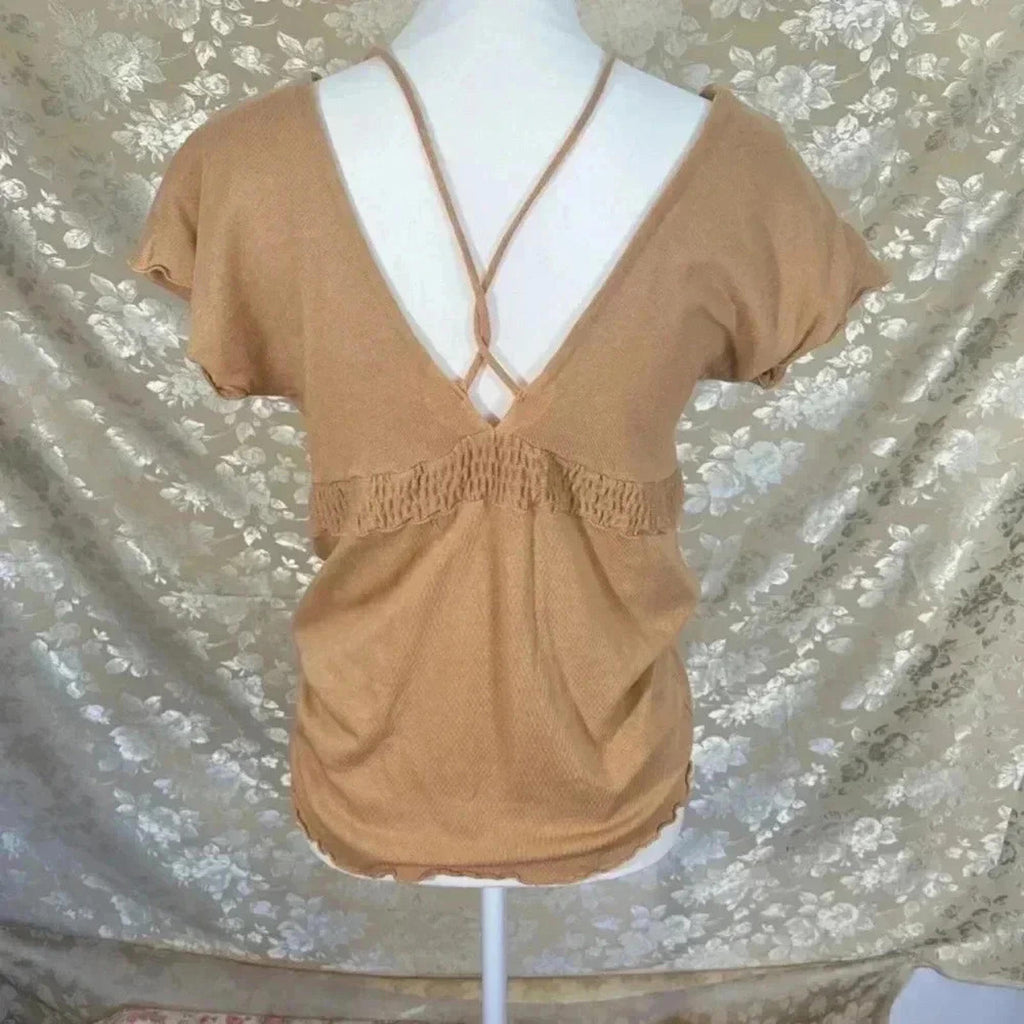 Ella Moss Tan V Neck Blouse Wood Beads Knit Boho Chic Bohemian Women's Size S