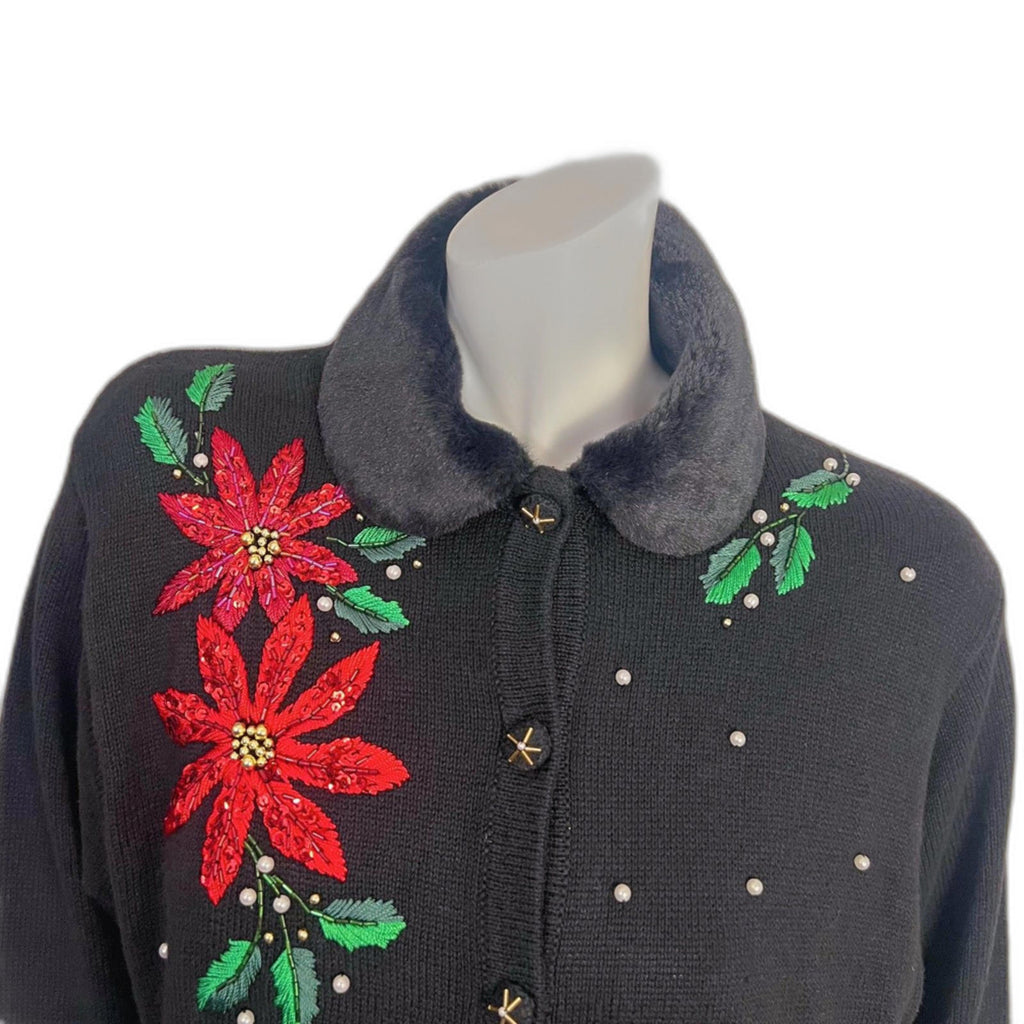 Vintage B.P. Design Poinsettia Embroidered Christmas Cardigan Sweater Size L