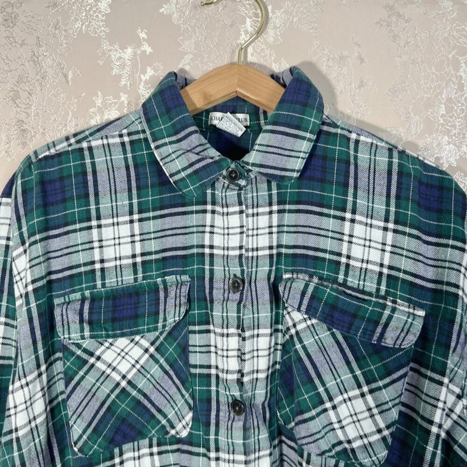 Vintage Charter Club Green Blue White Plaid Flannel Size L