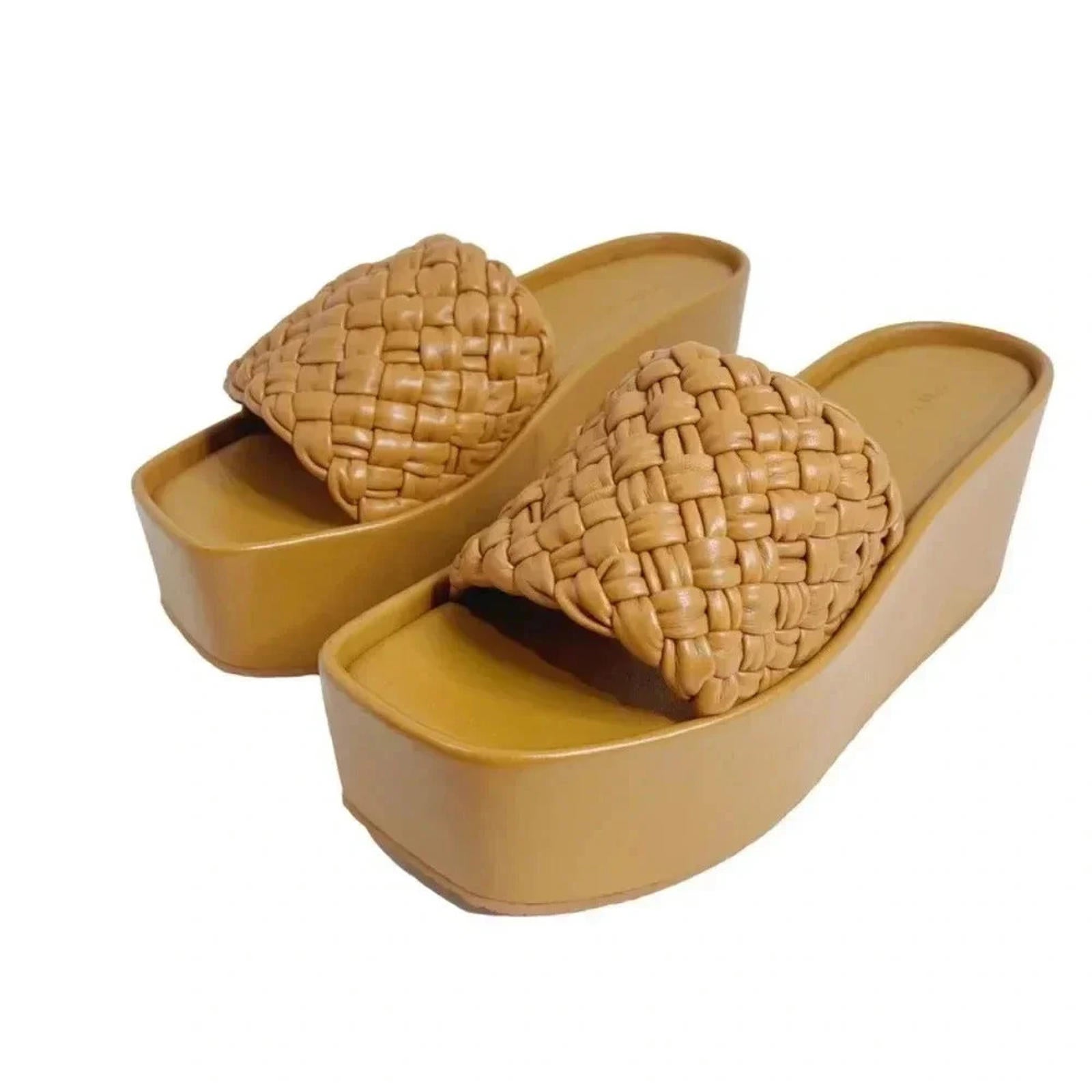 Vince Mari Tan Woven Leather Platform Wedge Sandals Women's Size 9